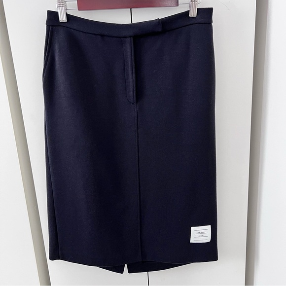 THOM BROWNE Knee Length Navy Wool Skirt - Picture 2 of 9